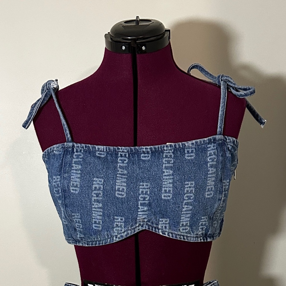 Reclaimed Vintage denim bralette in monogram print